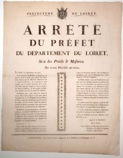 LOIRET. 1805. NOUVEAUX POIDS MESURES: Arrêté...