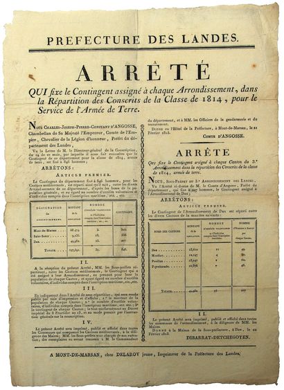 LANDES. 1813. Arrêté du Comte d'ANGOSSE Chambellan...
