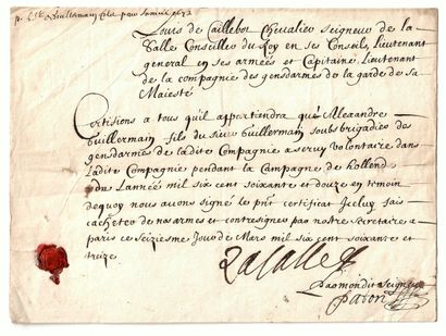 CAILLEBOT DE LA SALLE. Certificate signed...