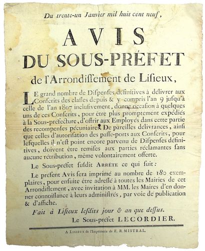 CALVADOS. 1809. EMPIRE. NOTICE from LECORDIER...
