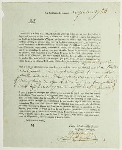 MAINE-ET-LOIRE. 1784. Comte de SERRANT. Partially...