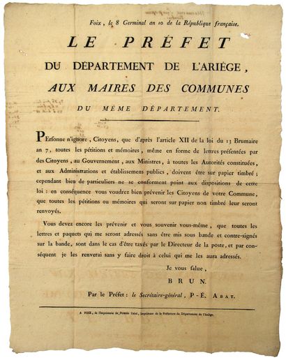 ARIÈGE. 1802. LETTER POST. Avis de BRUN,...
