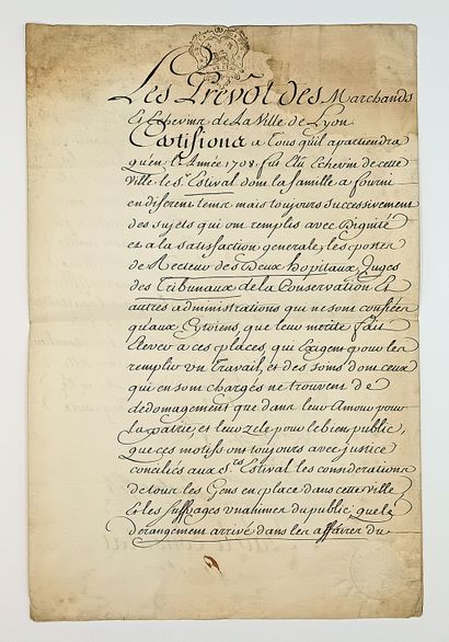 LYON. RHÔNE. 1750. large certificate of services...