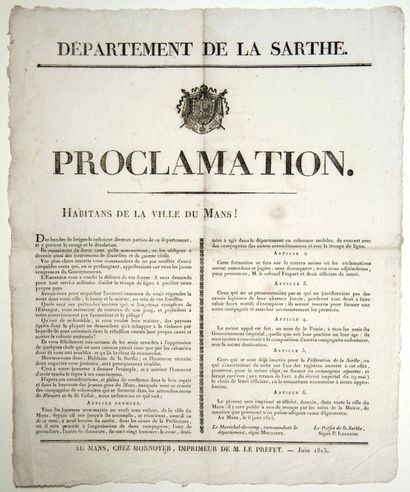 WHITE TERROR. CHOUANS. SARTHE. 1815. Proclamation...