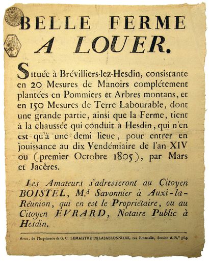 PAS-DE-CALAIS. 1805. AUXY-LA-RÉUNION (Revolutionary...