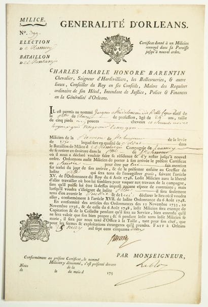 LOIRET. 1752. MONTARGIS BATTALION (45). MILICE....
