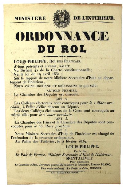 LOUIS-PHILIPPE. 1839. Ordonnance du Roi qui...