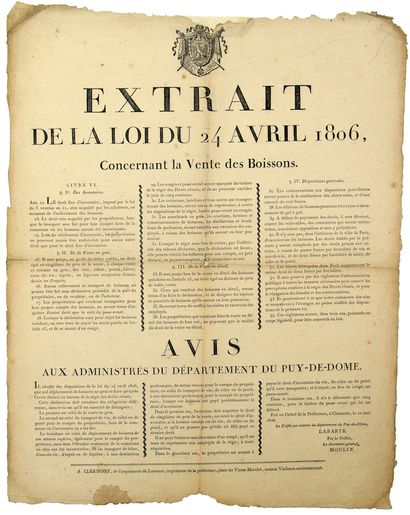 PUY-DE-DÔME. 1806. DRINKS. Extract from the...