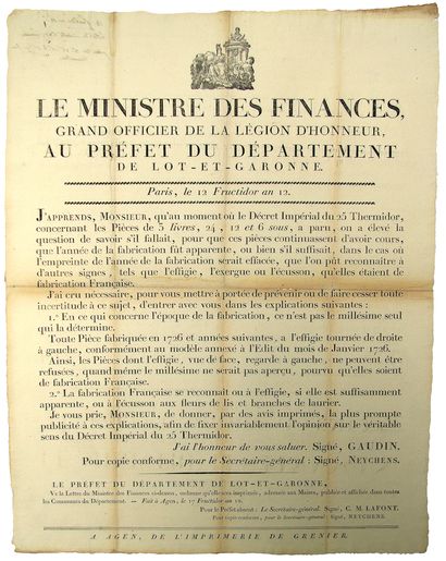 AN 12. LOT-ET-GARONNE. CURRENCY. GAUDIN Minister...
