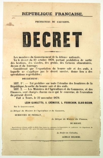 CALVADOS. 1870. DECREE by the GOUVERNEMENT...