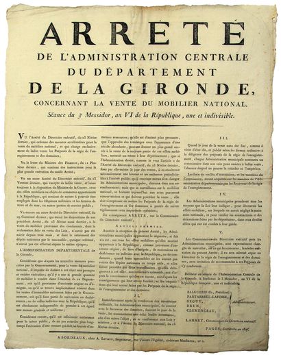 AN 6. GIRONDE. MOBILIER NATIONAL. Arrêté...
