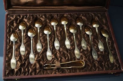 Suite of 12 vermeil coffee spoons and one...