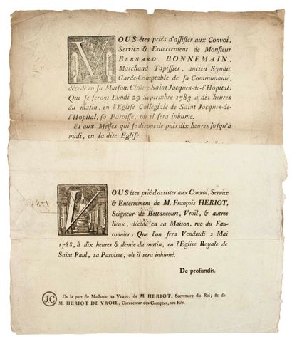 PARIS - 2 MÉMORAS (1783, 1788) : Placard...
