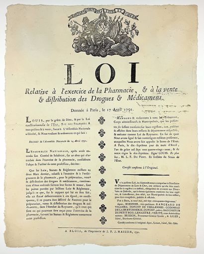 1791. LOIR-ET-CHER. PHARMACIE – « Loi relative...