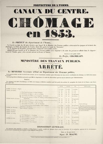 YONNE. CANAUX DU CENTRE. Chômage de 1853....