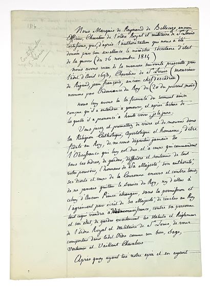 CHEVALIERS DE SAINT LOUIS. Pièce signée le...