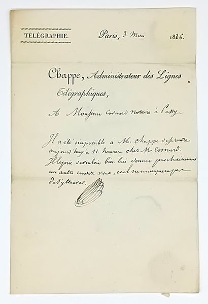 TÉLÉGRAPHIE CHAPPE. Lettre à l’en-tête de...
