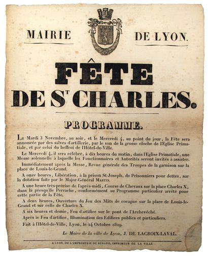 LYON, Rhône. 1829. « FÊTE de Saint CHARLES...
