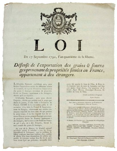 ILLE-ET-VILAINE. 1792. “LOI du 17 Septembre...