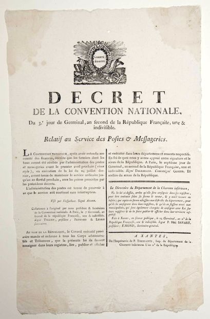 POSTES et MESSAGERIES. 1794. « Décret de...