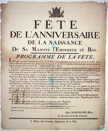 MOSELLE. METZ 1809. NAPOLÉON. « FÊTE de l’Anniversaire...