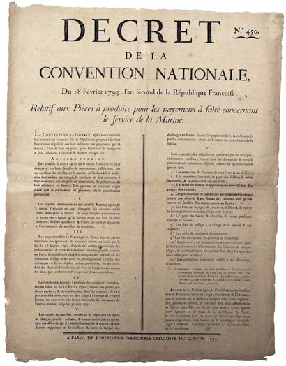 PARIS. 1793. SERVICE DE LA MARINE. Décret...