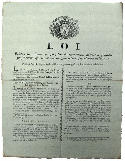 GIRONDE. 1792. « Loi du 21 juillet 1792 relative...