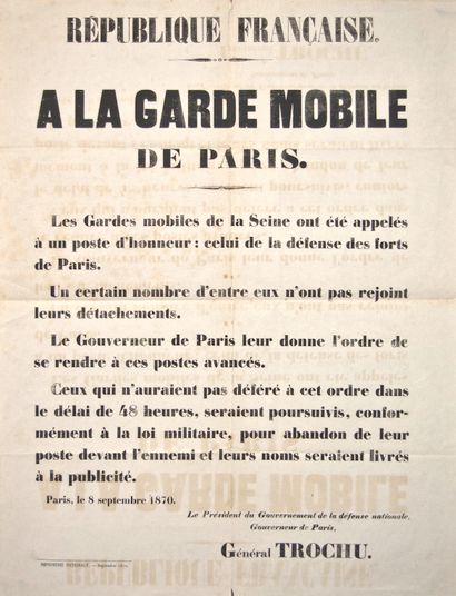 PARIS, le 8 Septembre 1870. Avis du Général...