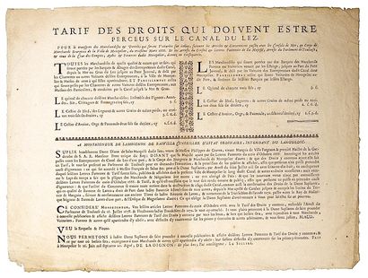 HÉRAULT. 1701. LANGUEDOC. CANAL DU LEZ. “TARIF...