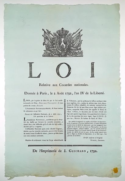 PARIS. 1792. « LOI relative aux COCARDES...