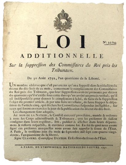 PARIS. 1792. DANTON. JUSTICE. « Loi additionnelle...