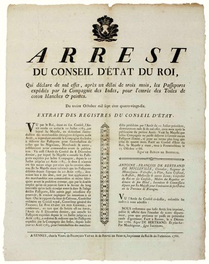1786. BRETAGNE. COMPAGNIE DES INDES. “Arrêt...
