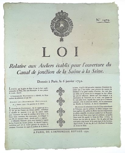 CANAL de la SAÔNE à la SEINE. 1792. “Loi...
