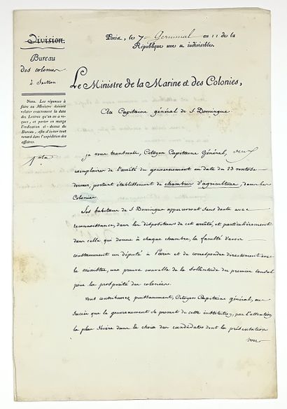 ST DOMINGUE. Pièce signée Denis, duc DECRÈS...