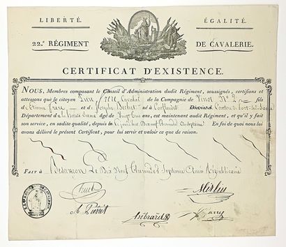 22e Régiment de CAVALERIE. Certificat d’existence...