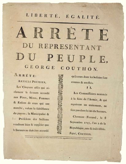 COUTHON Conventionnel du PUY-DE-DÔME. 1793....