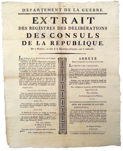 VAUCLUSE. 1800. “Extrait des Registres des...