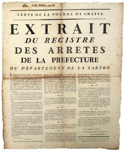SARTHE. 1802. « VENTE DE LA POUDRE DE CHASSE...