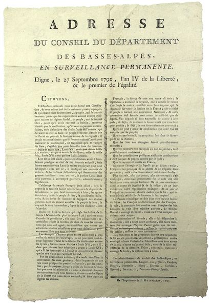ALPES DE HAUTE PROVENCE. 1792. « Adresse...