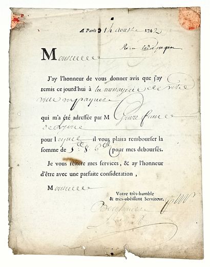 POSTES ET MESSAGERIES. Paris 14 Août 1742....