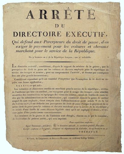CALVADOS. 1798. DROIT DE PASSE. “Arrêté du...