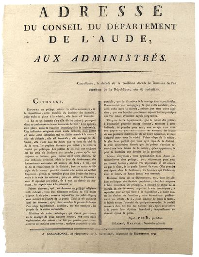 AUDE. 1793. “ADRESSE du Conseil du Département...