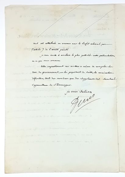 ST DOMINGUE. Pièce signée Denis, duc DECRÈS...