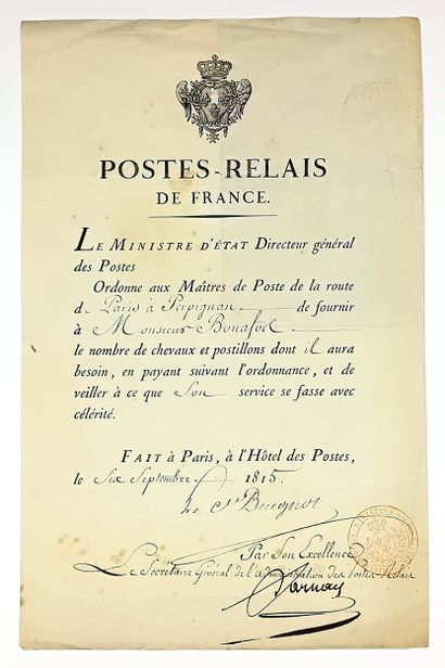 POSTES-RELAIS de FRANCE. Pièce signée du...