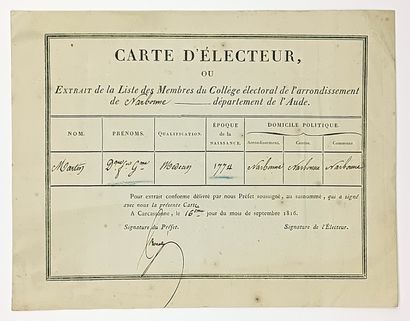 AUDE - CARCASSONNE 16 Sept 1816 - CARTE D’ÉLECTEUR...