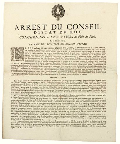 PARIS. 1717. LOTERIE - « Arrest du Conseil...