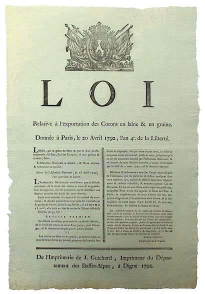 COTON. 1792. COMMERCE. DOUANE : « Loi relative...