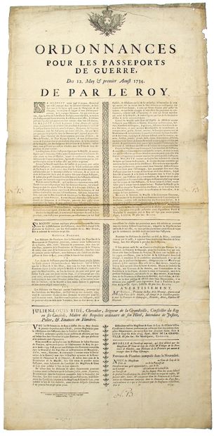 FLANDRES. 1734. « Ordonnances pour les PASSEPORTS...
