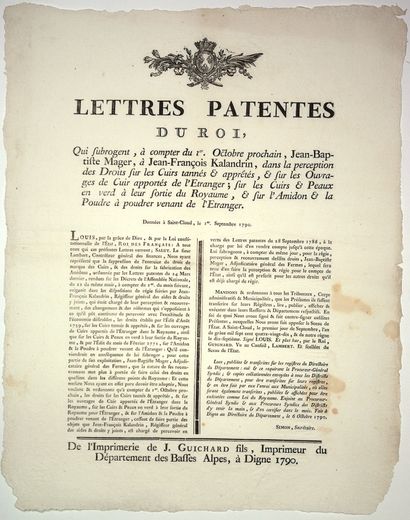 1790. CUIRS et PEAUX. “Lettres patentes du...