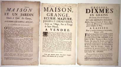 METZ (Moselle). 3 Affichettes XVIIIe s. concernant...
